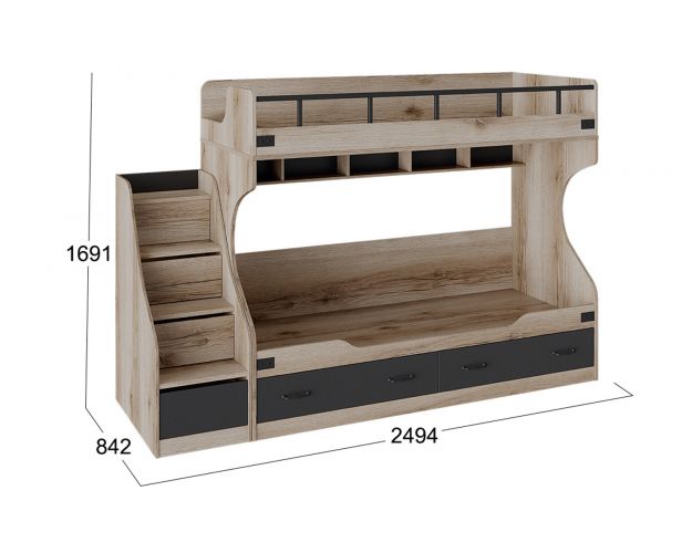 Кровать двухъярусная с приставной лестницей Окланд фон мерный / дуб делано